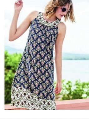 Boden Navy Floral Sleeveless Shift Dress with Cream Border